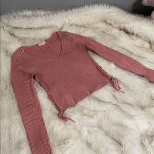 Cropped Knit Sweater with Lace Up Detail in Mauve